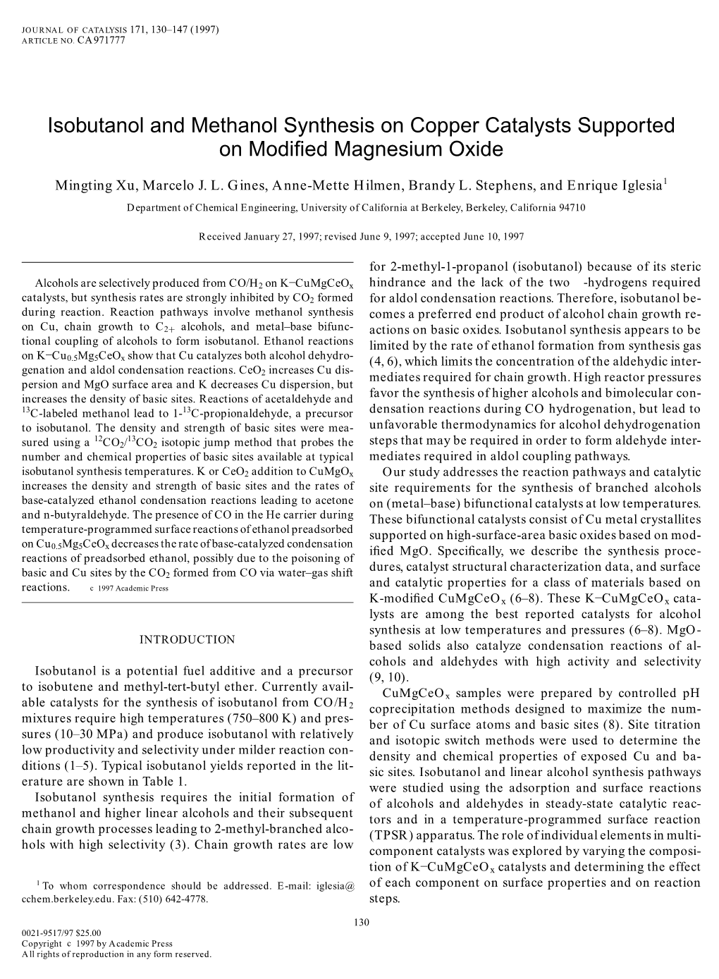 Isobutanol and Methanol Synthesis on Copper Catalysts Supported on Modiﬁed Magnesium Oxide