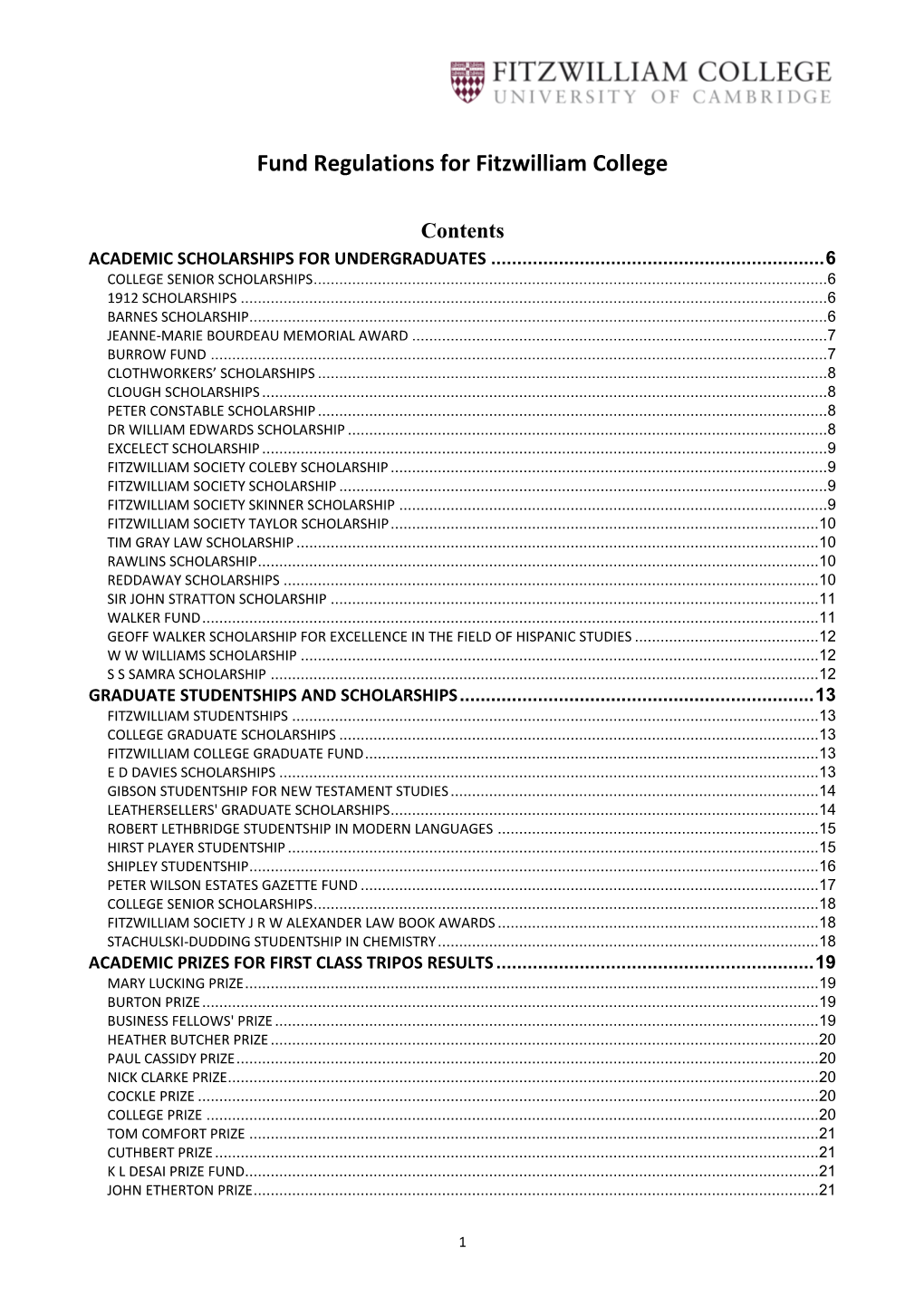 Fund Regulations for Fitzwilliam College