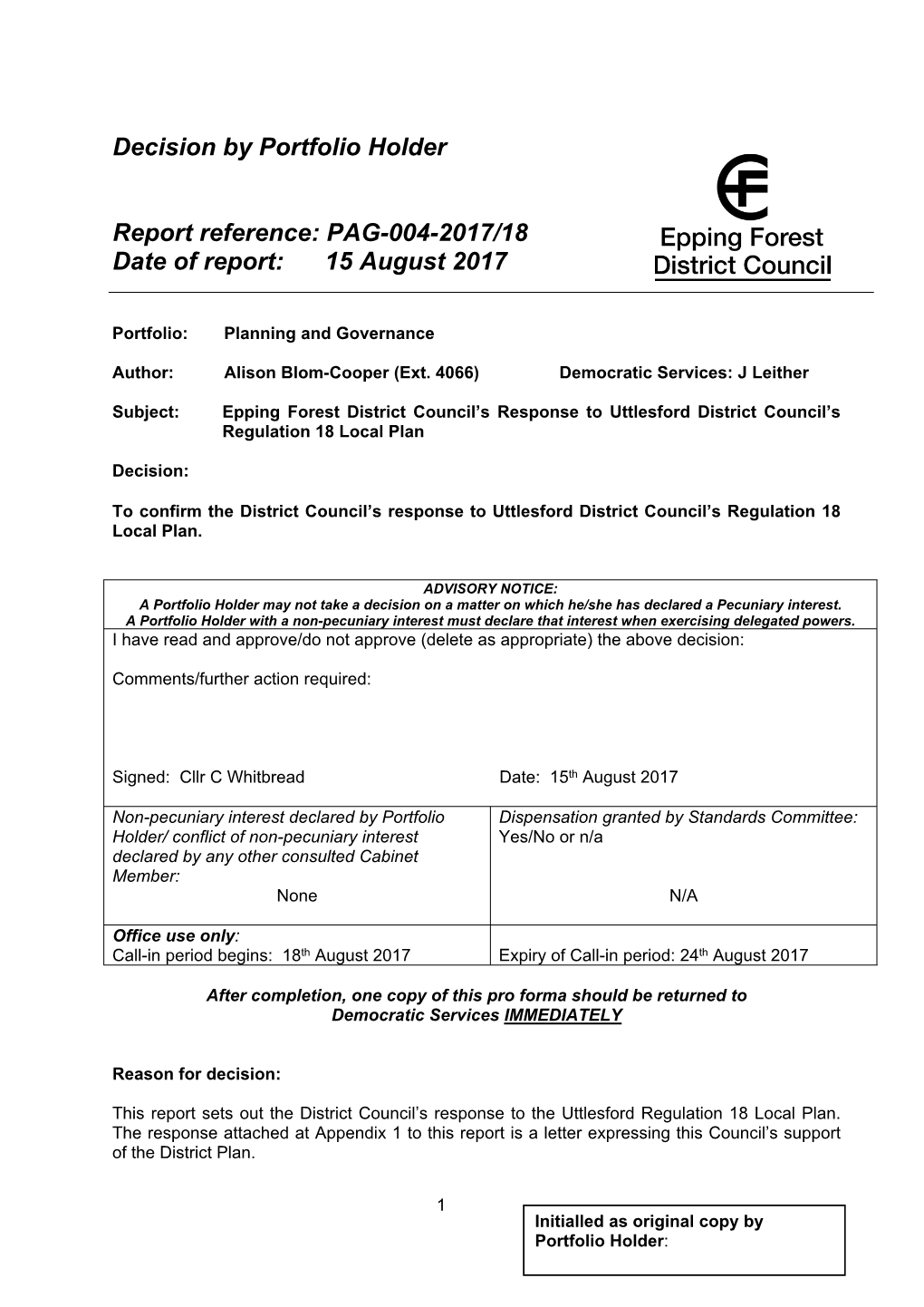 PAG-004-2017/18 Date of Report: 15 August 2017