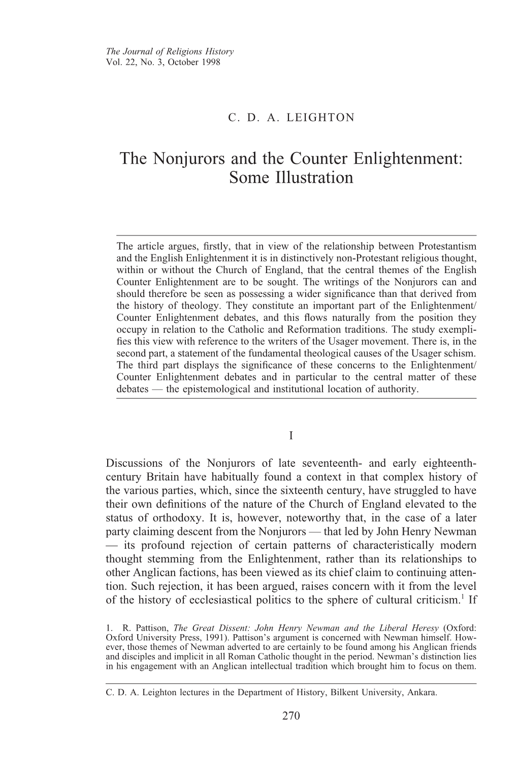 The Nonjurors and the Counter Enlightenment: Some Illustration