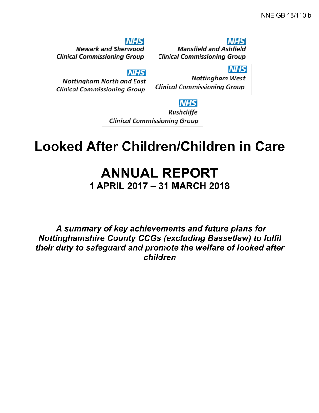 Looked After Children/Children in Care ANNUAL REPORT 1 APRIL 2017 – 31 MARCH 2018