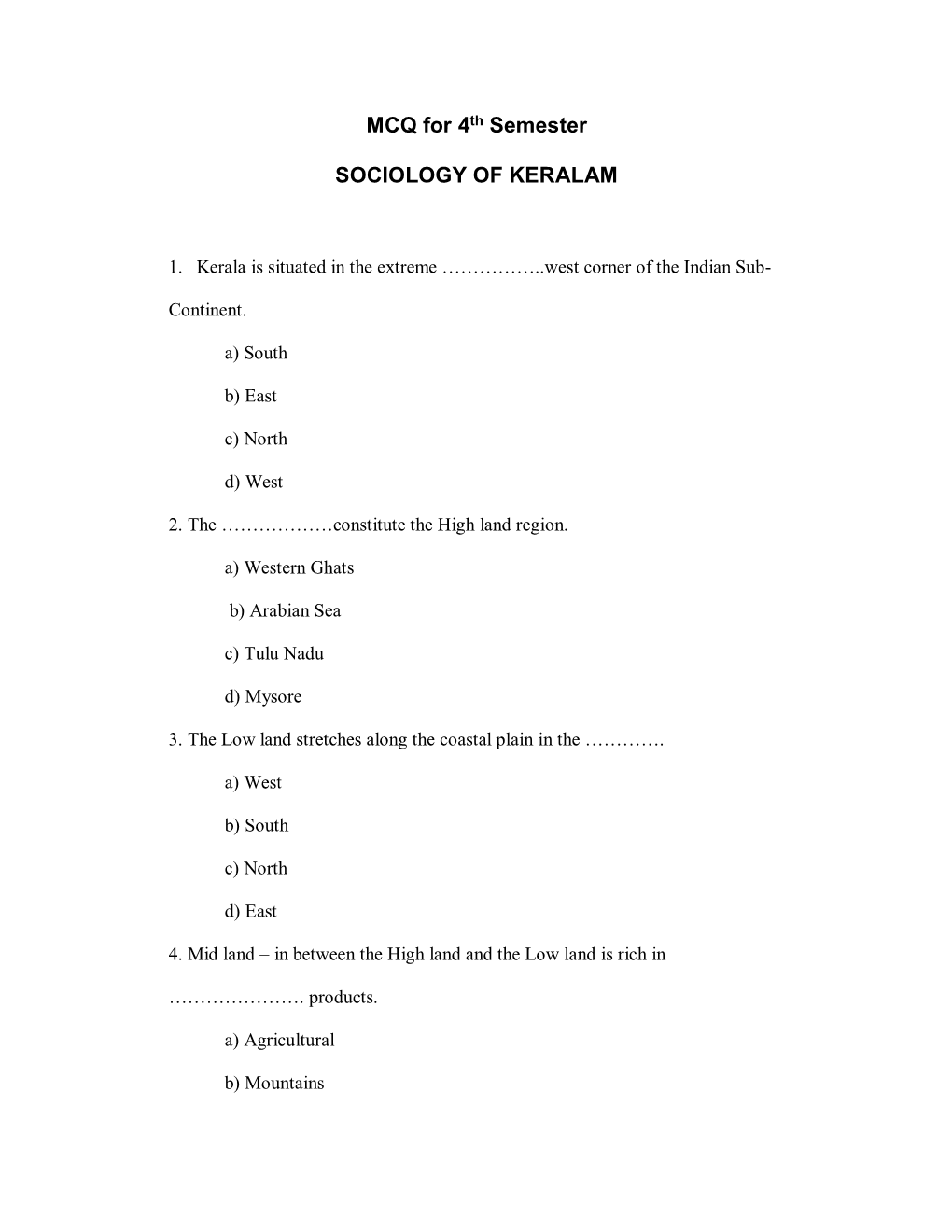 MCQ for 4Th Semester SOCIOLOGY of KERALAM