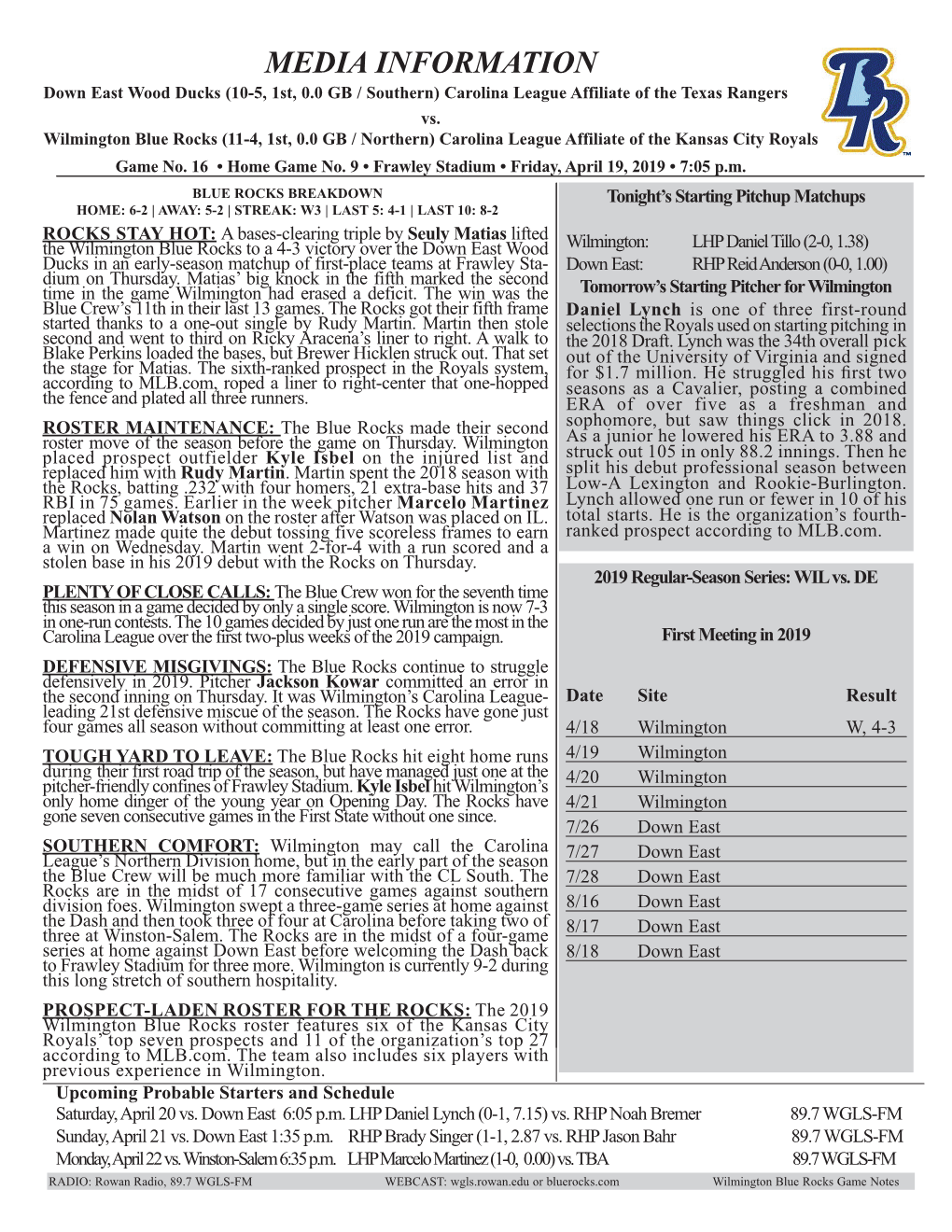 MEDIA INFORMATION Down East Wood Ducks (10-5, 1St, 0.0 GB / Southern) Carolina League Affiliate of the Texas Rangers Vs