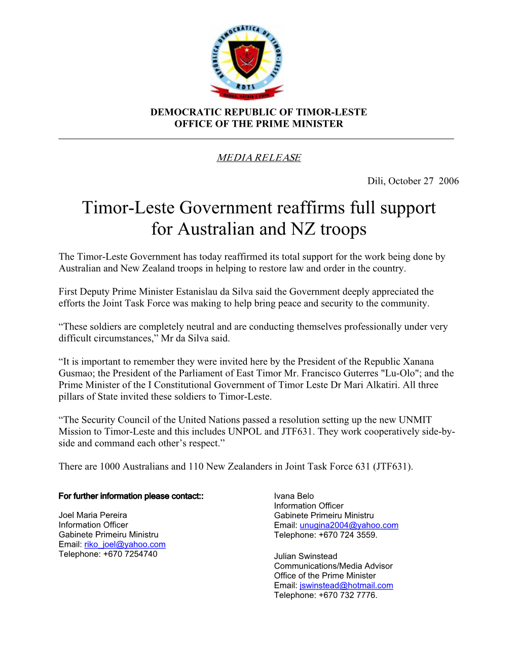 Timor-Leste Government Reaffirms Full Support for Australian and NZ Troops