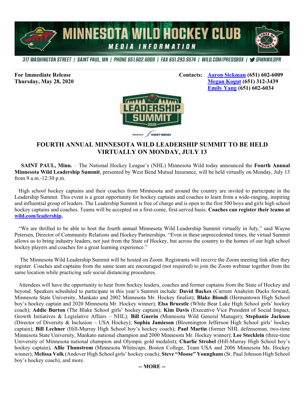 Fourth Annual Minnesota Wild Leadership Summit to Be Held Virtually on Monday, July 13