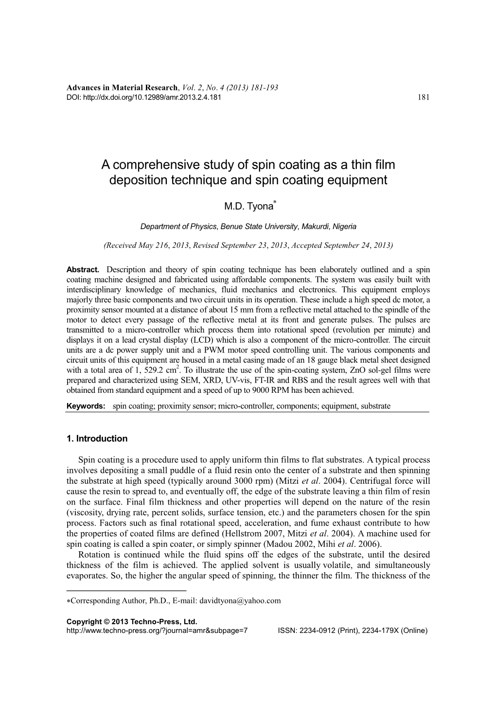 A Comprehensive Study of Spin Coating As a Thin Film Deposition Technique and Spin Coating Equipment