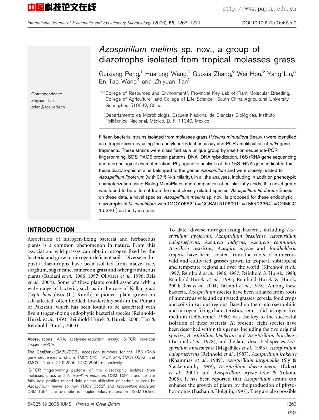 Azospirillum Melinis Sp. Nov., a Group of Diazotrophs Isolated from Tropical Molasses Grass