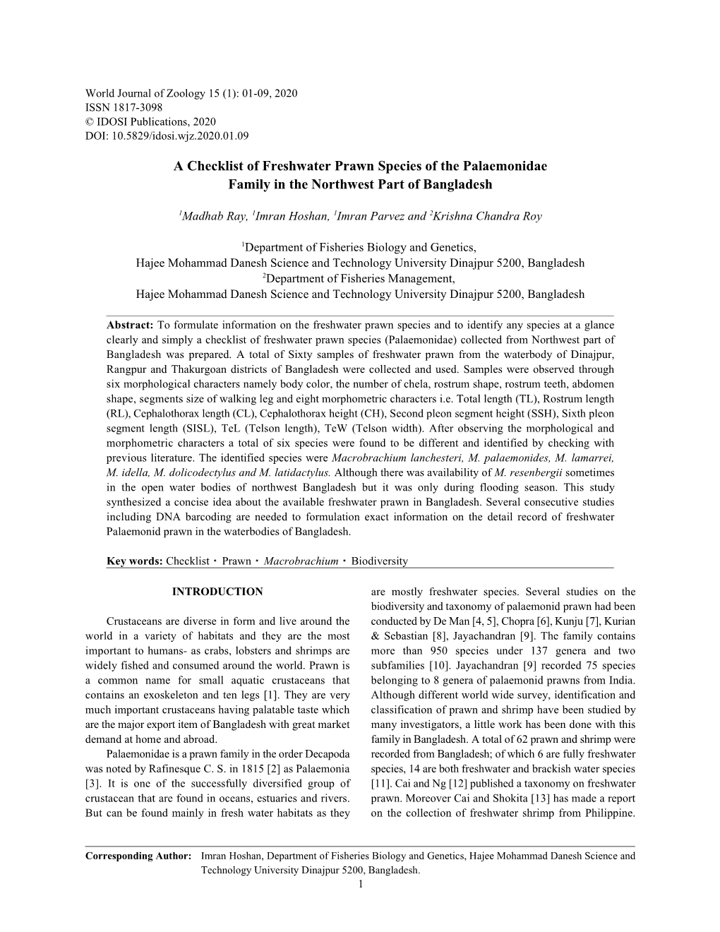 A Checklist of Freshwater Prawn Species of the Palaemonidae Family in the Northwest Part of Bangladesh