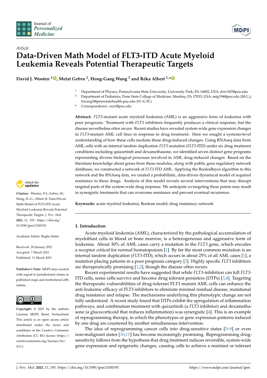 Data-Driven Math Model of FLT3-ITD Acute Myeloid Leukemia Reveals Potential Therapeutic Targets