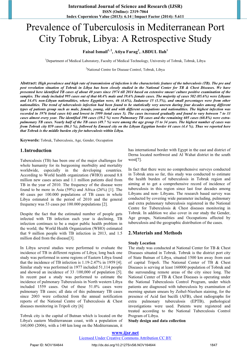 Prevalence of Tuberculosis in Mediterranean Port City Tobruk, Libya: a Retrospective Study