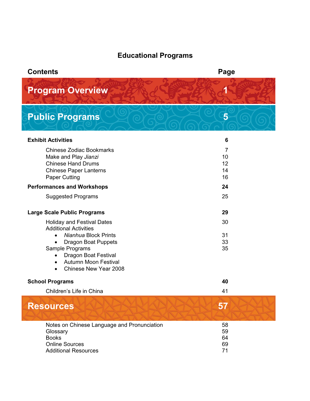 Program Overview 1 Public Programs 5 Resources 57