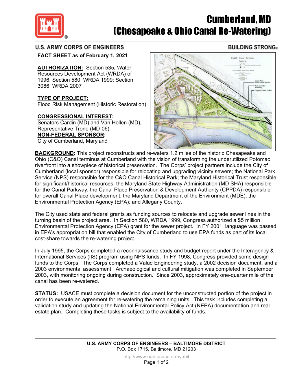 Chesapeake and Ohio Canal Rewatering Project Fact Sheet