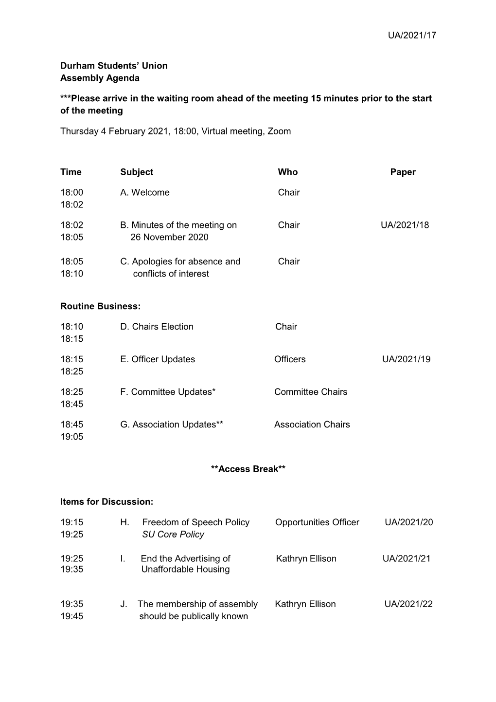 UA/2021/17 Durham Students' Union Assembly