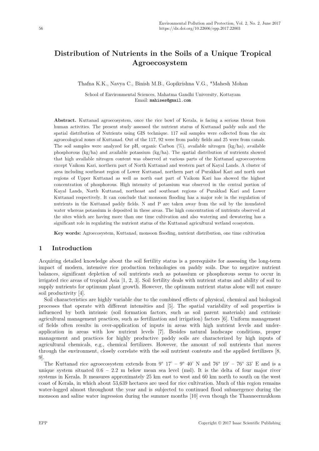 Distribution of Nutrients in the Soils of a Unique Tropical Agroecosystem