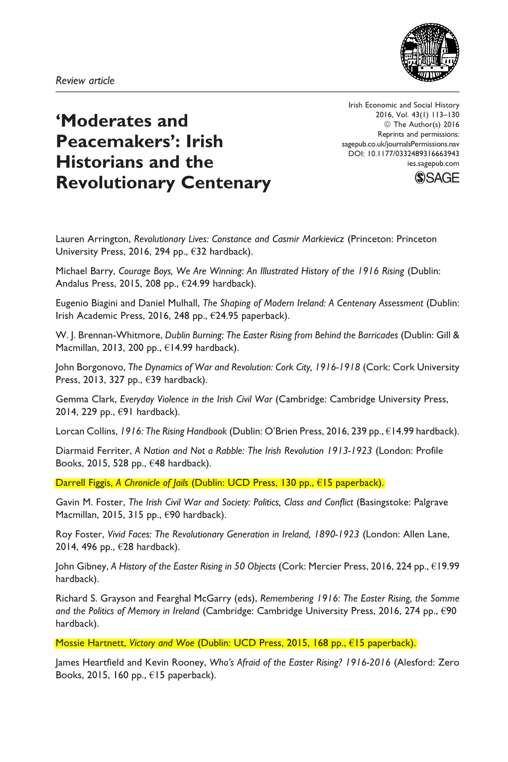 Read an Article on Revolutionary Period Books That Features This Title in Irish Economic and Social