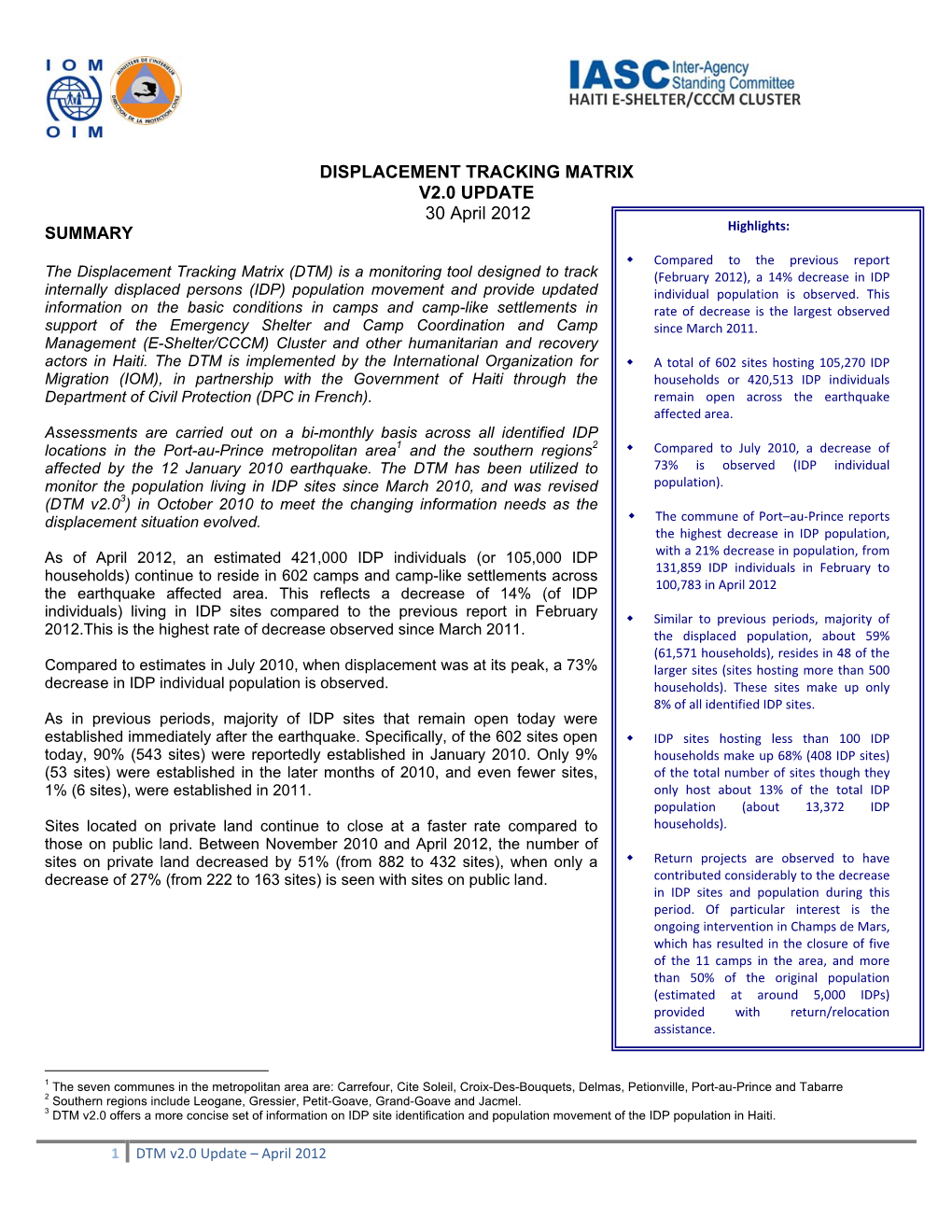 DISPLACEMENT TRACKING MATRIX V2.0 UPDATE 30 April 2012 SUMMARY Highlights