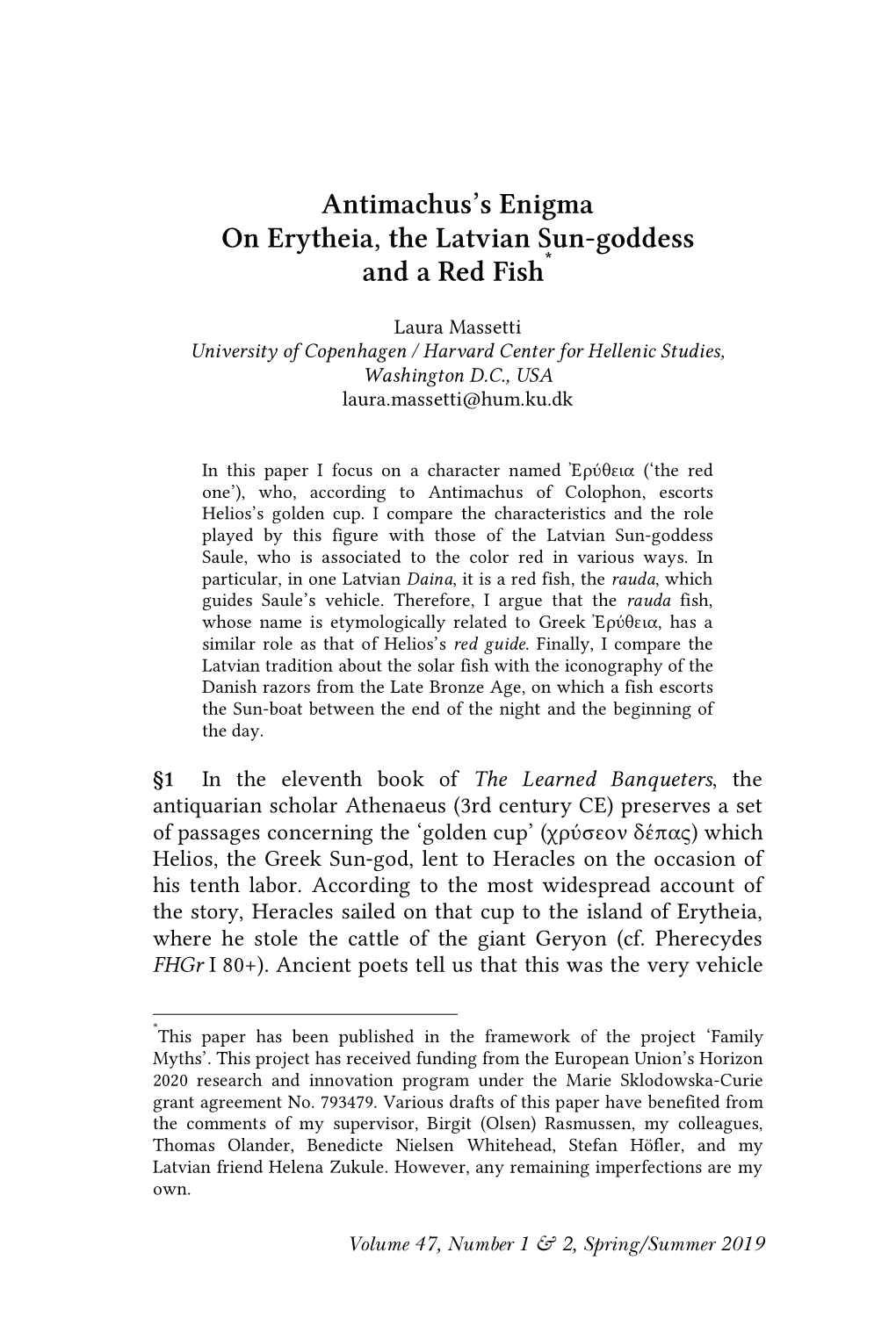 Antimachus's Enigma on Erytheia, the Latvian Sun-Goddess and a Red Fish