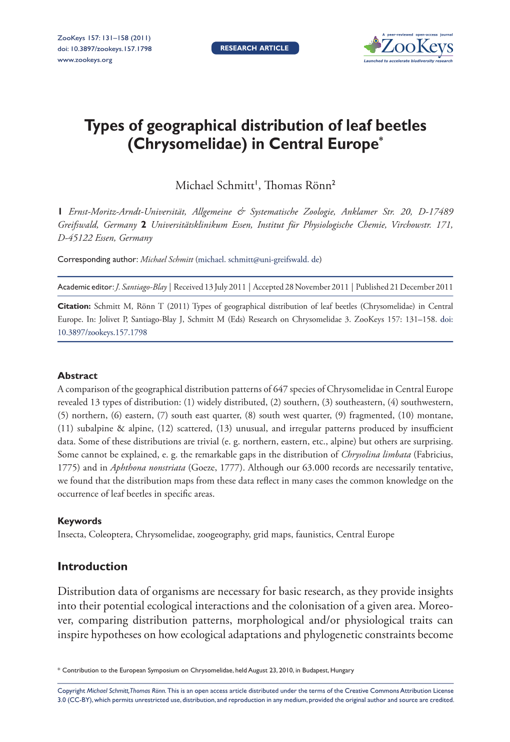 Types of Geographical Distribution of Leaf Beetles (Chrysomelidae) in Central Europe*