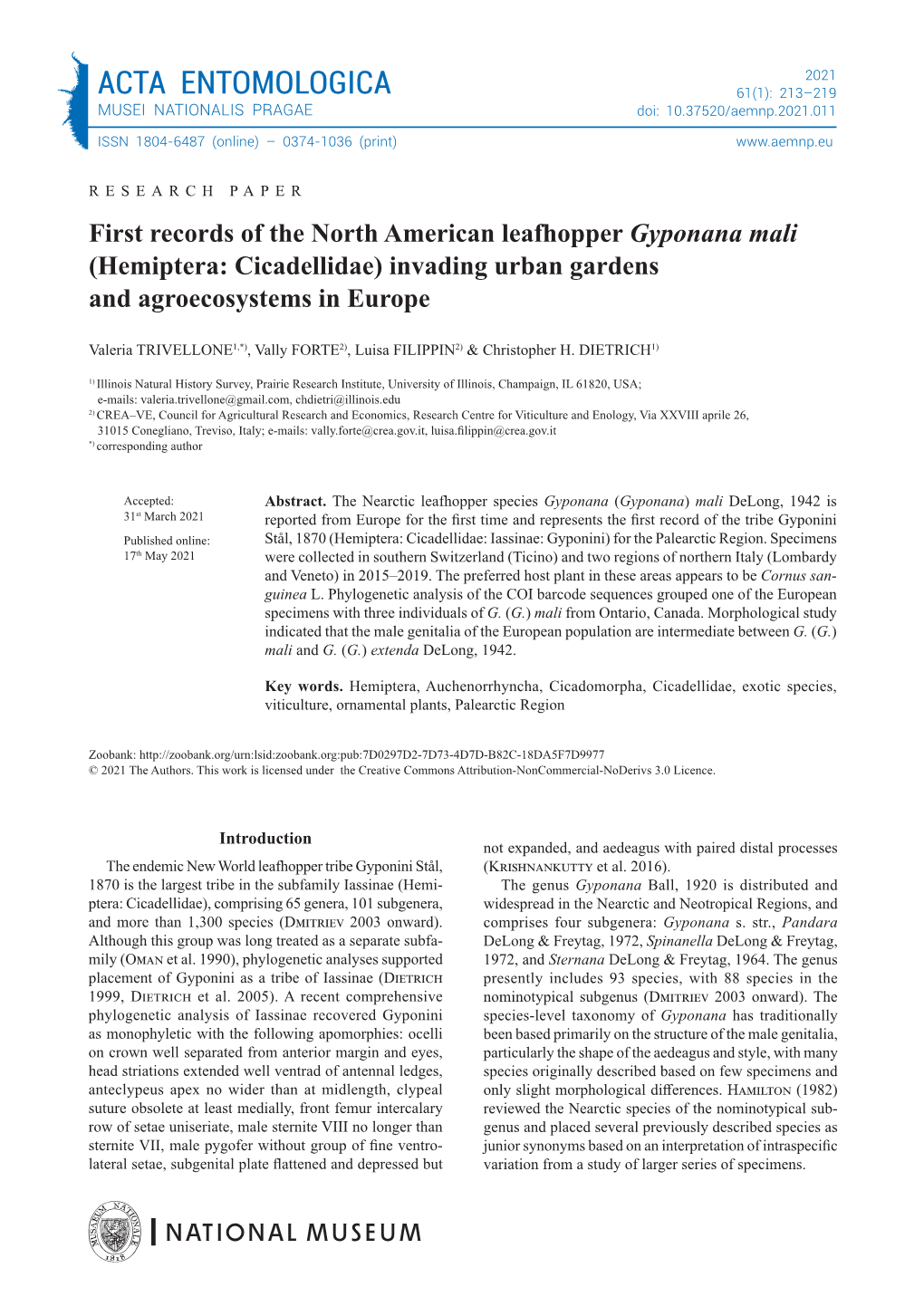 ACTA ENTOMOLOGICA 61(1): 213–219 MUSEI NATIONALIS PRAGAE Doi: 10.37520/Aemnp.2021.011