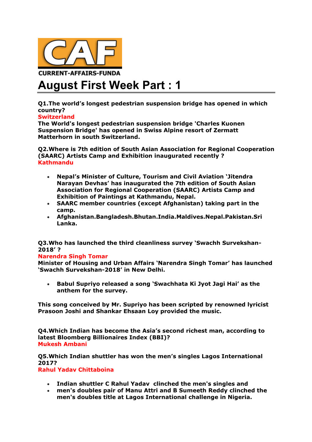 August First Week Part : 1