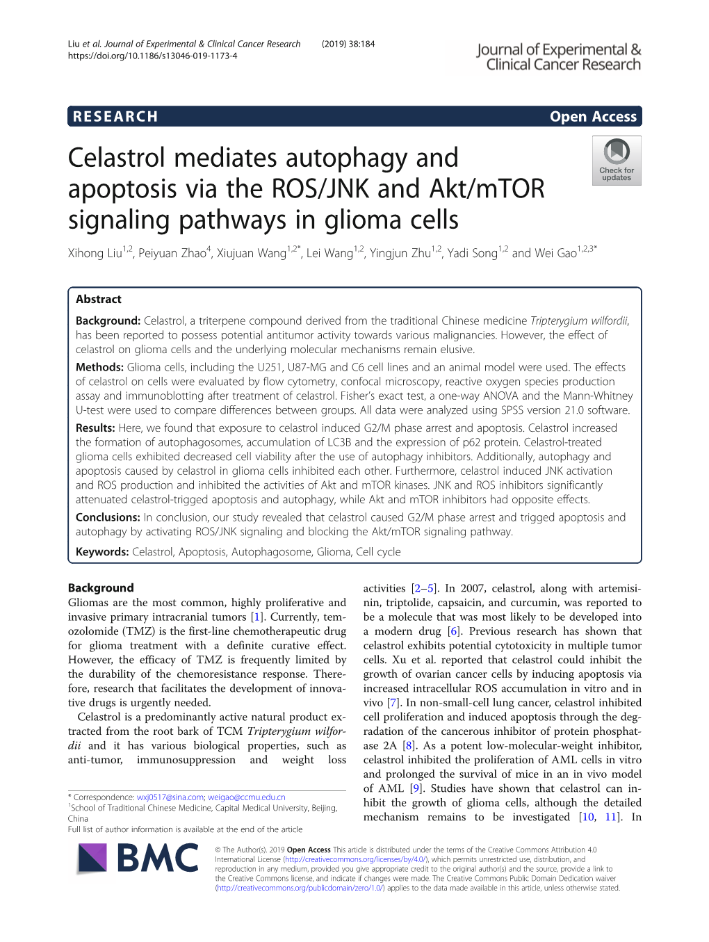 Celastrol Mediates Autophagy and Apoptosis Via the ROS/JNK and Akt