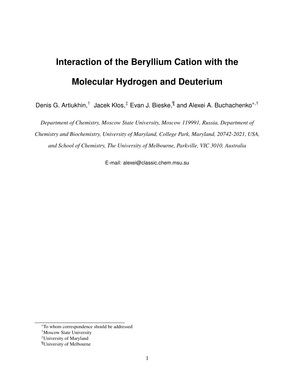 Interaction of the Beryllium Cation with the Molecular Hydrogen and Deuterium