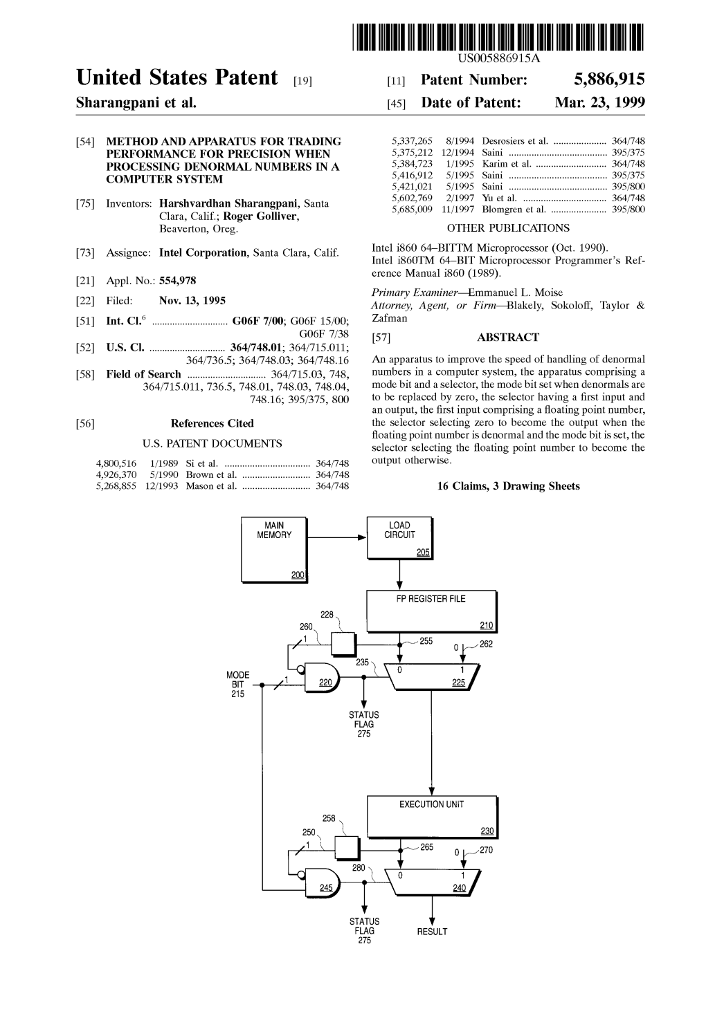 United States Patent (19) 11 Patent Number: 5,886,915 Sharangpani Et Al