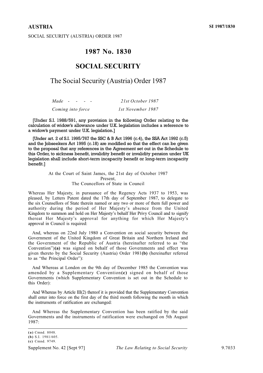 1987 No. 1830 SOCIAL SECURITY the Social