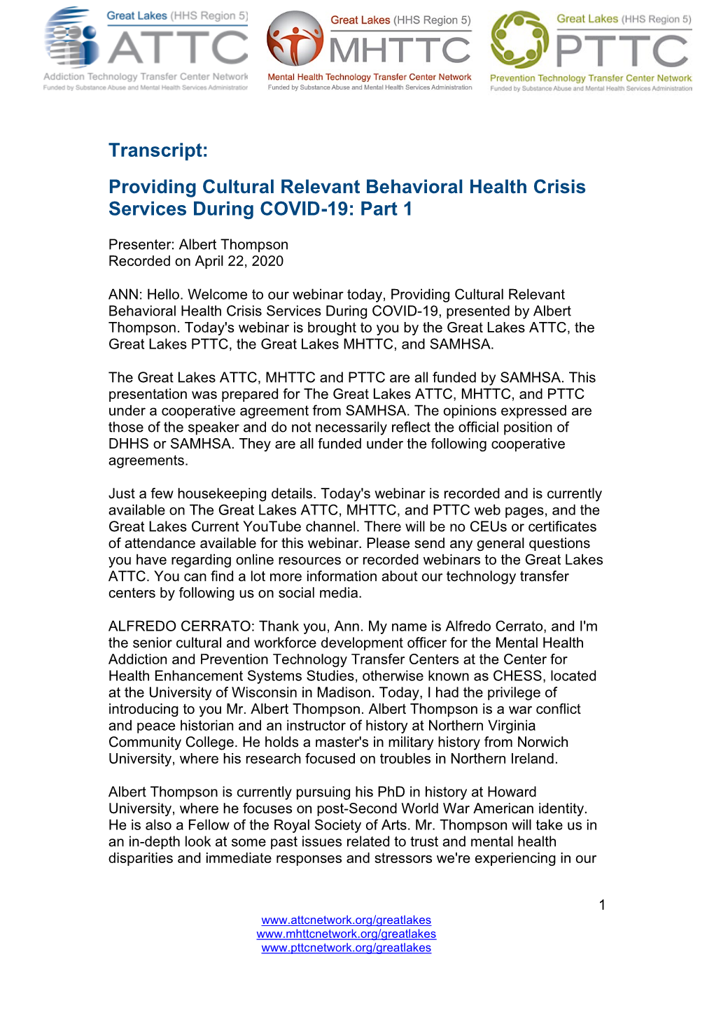 Transcript: Providing Cultural Relevant Behavioral Health Crisis Services During COVID-19: Part 1