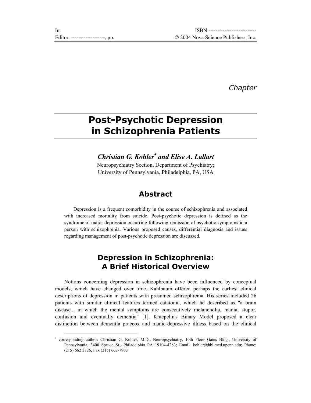 Post-Psychotic Depression in Schizophrenia Patients