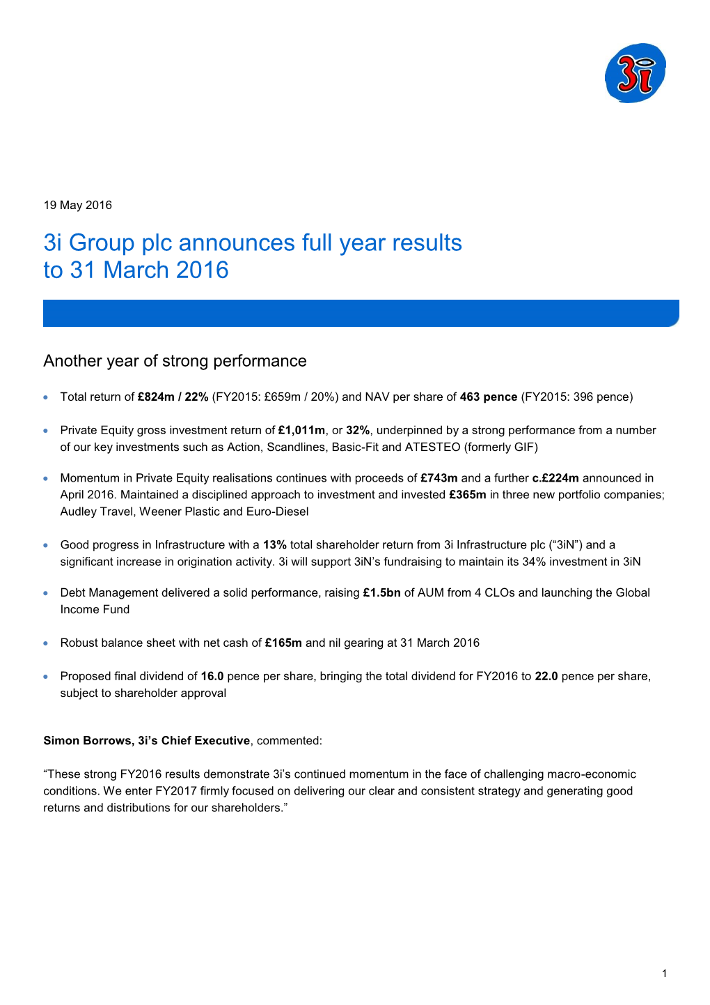 3I Group Plc Announces Full Year Results to 31 March 2016