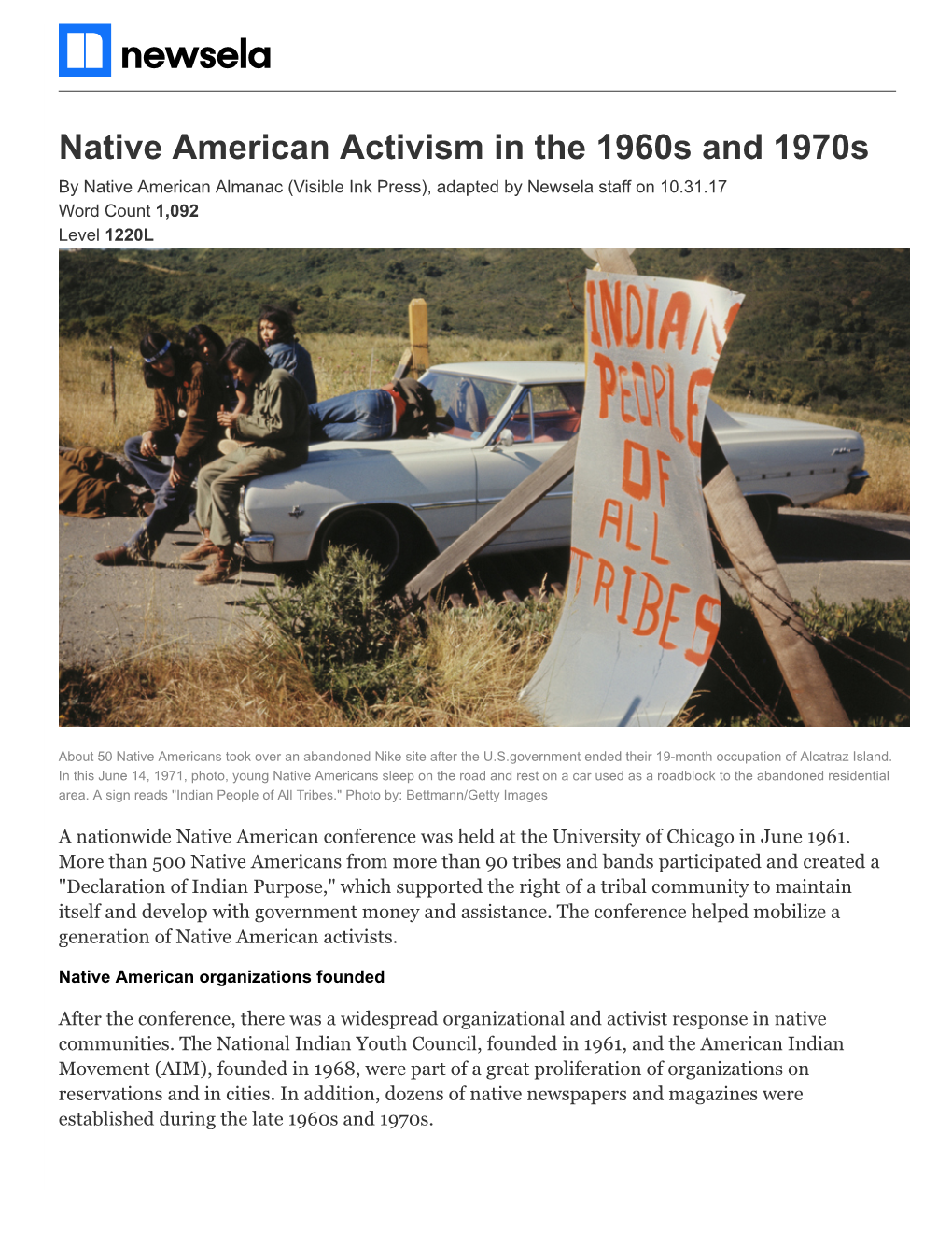 Native American Activism in the 1960S and 1970S by Native American Almanac (Visible Ink Press), Adapted by Newsela Staff on 10.31.17 Word Count 1,092 Level 1220L