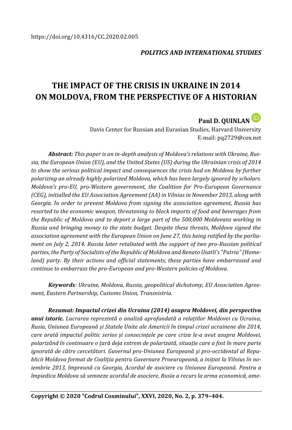 The Impact of the Crisis in Ukraine in 2014 on Moldova, from the Perspective of a Historian