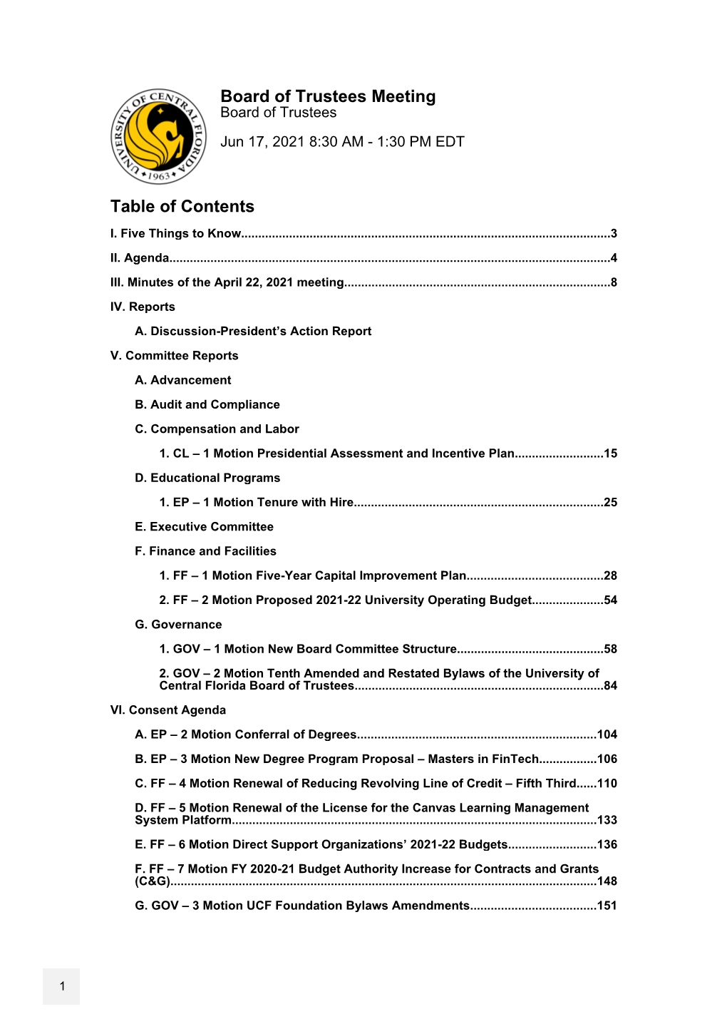 Board of Trustees Meeting Table of Contents