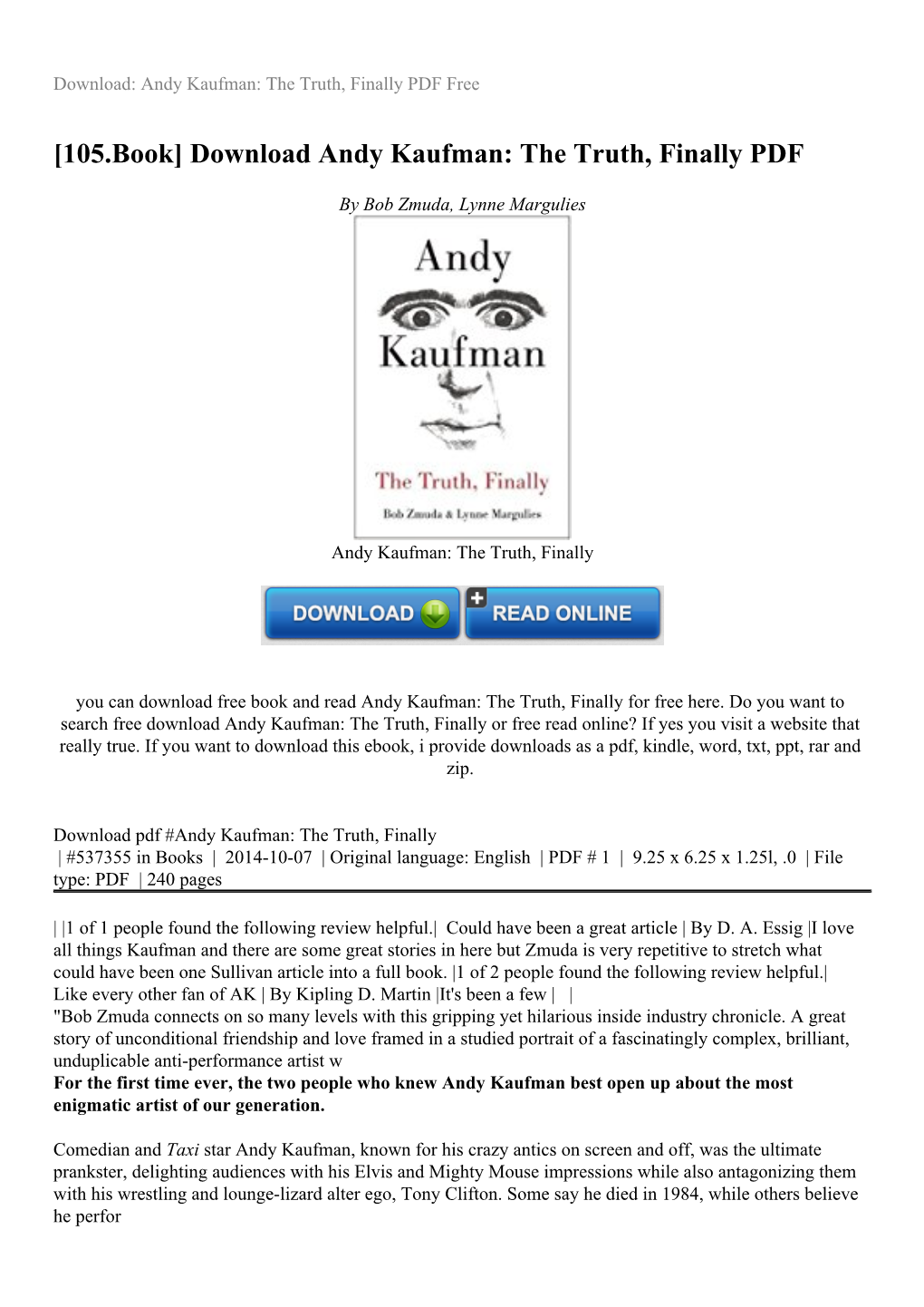 Download Andy Kaufman: the Truth, Finally PDF