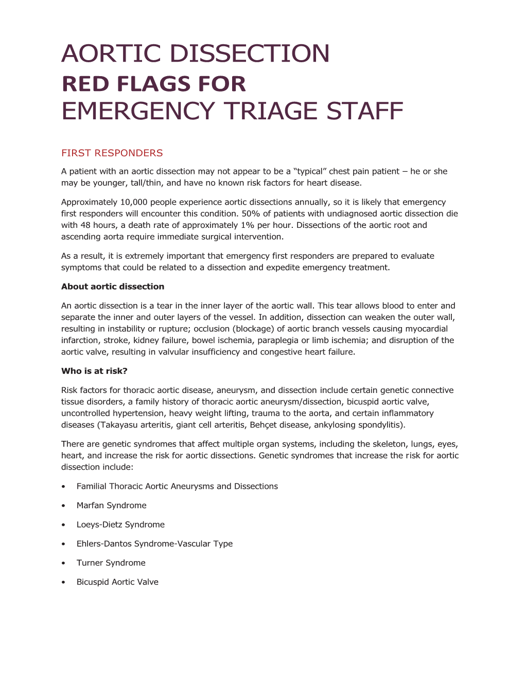 Aortic Dissection Red Flags for Emergency Triage Staff