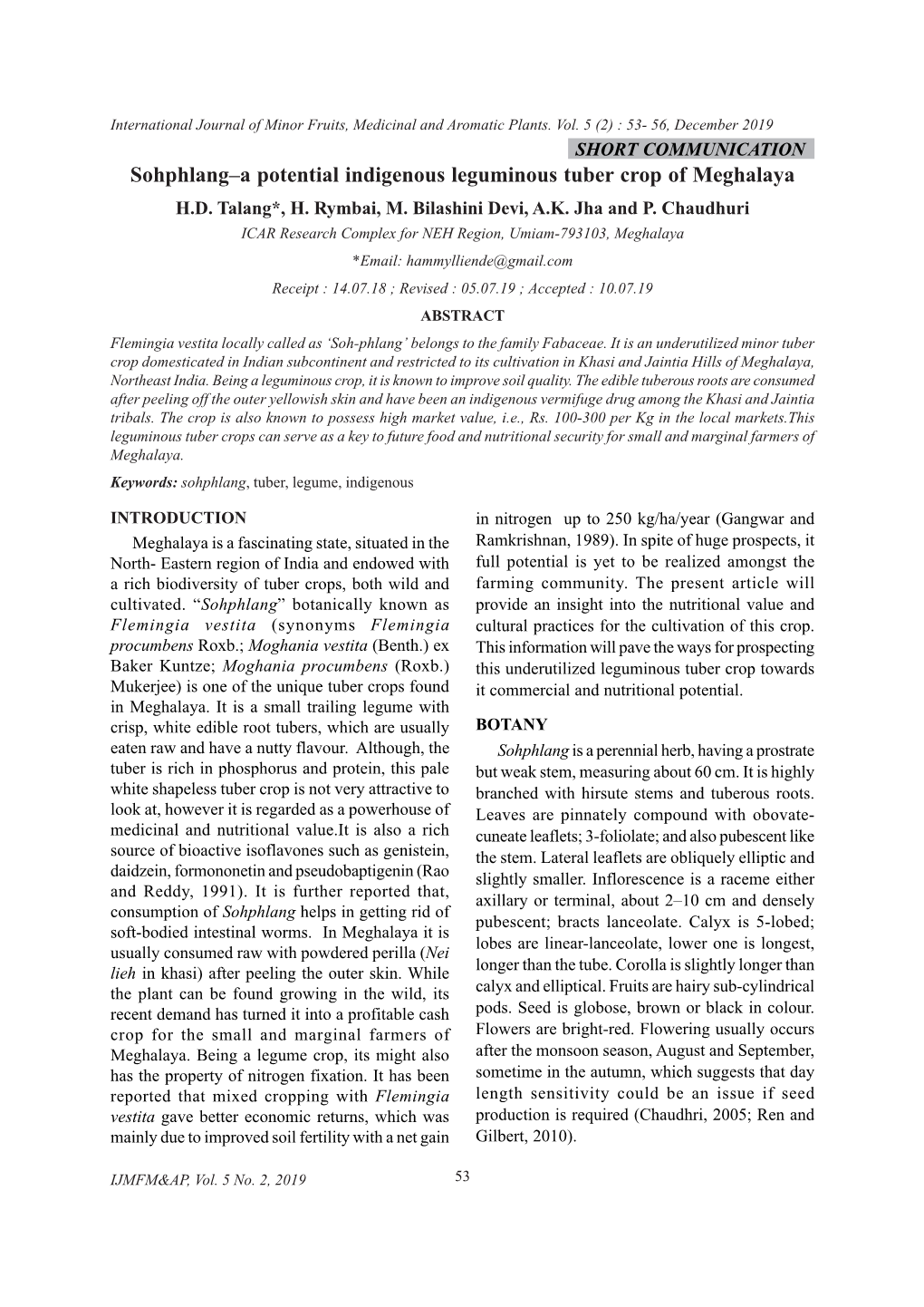 Sohphlang–A Potential Indigenous Leguminous Tuber Crop of Meghalaya H.D