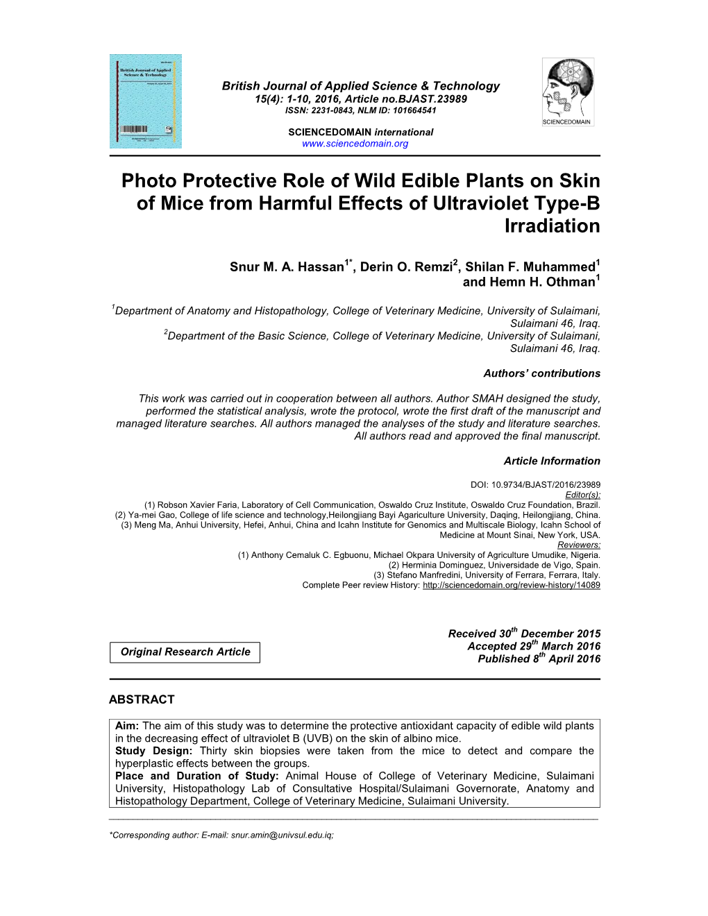 Photo Protective Role of Wild Edible Plants on Skin of Mice from Harmful Effects of Ultraviolet Type-B Irradiation