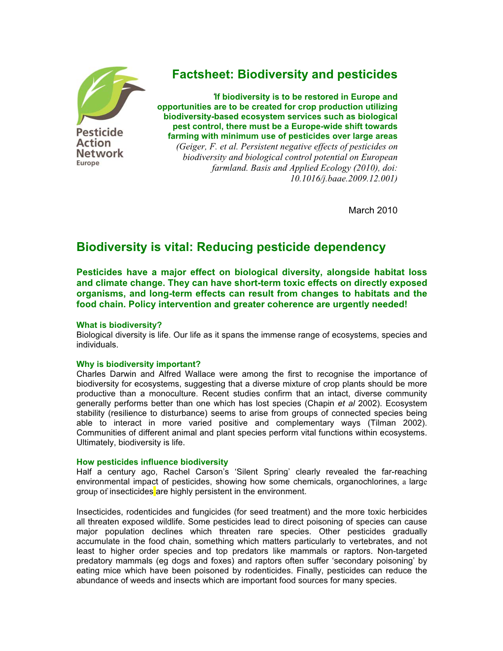 Factsheet: Biodiversity and Pesticides