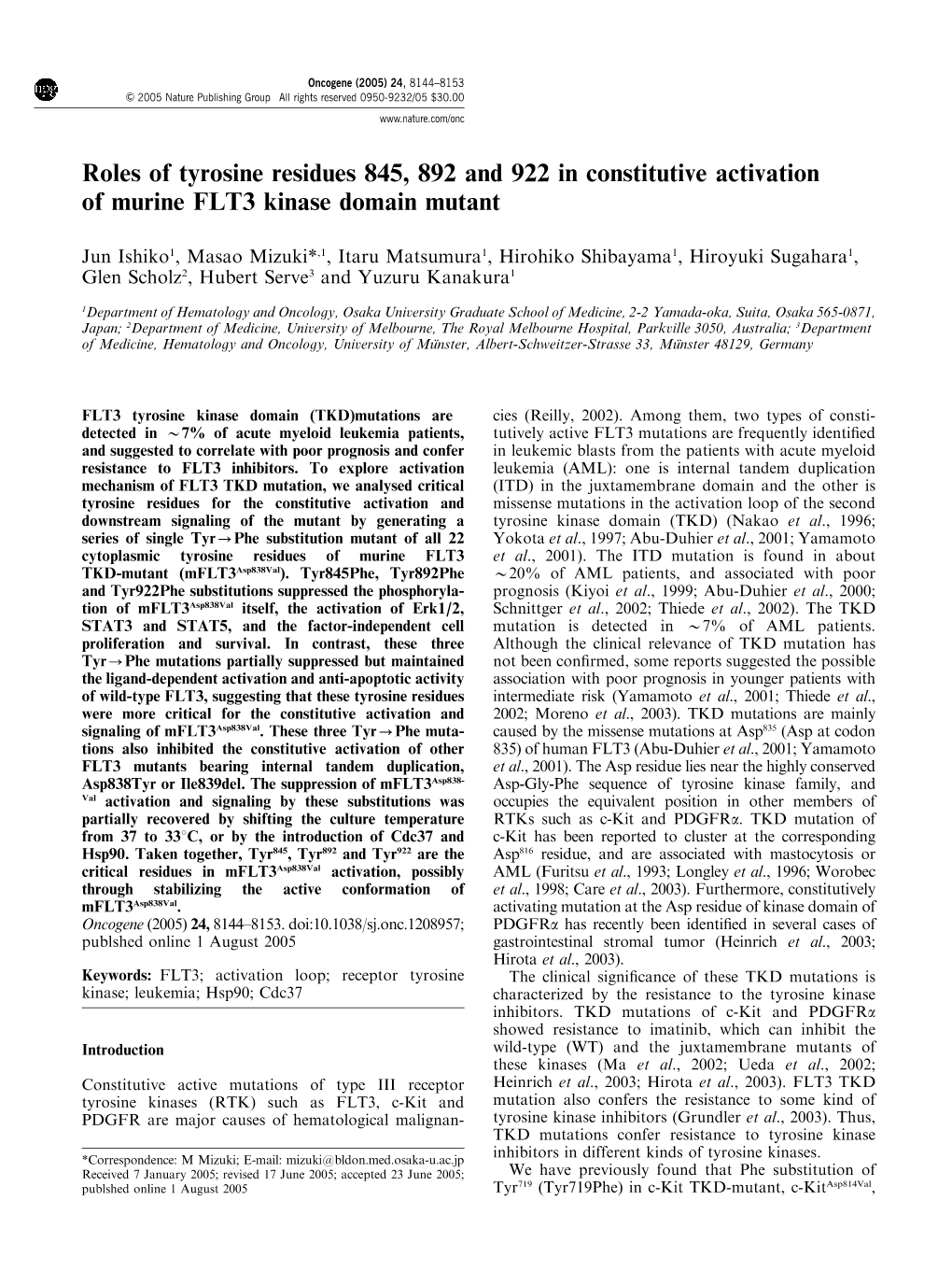 Roles of Tyrosine Residues 845, 892 and 922 in Constitutive Activation of Murine FLT3 Kinase Domain Mutant