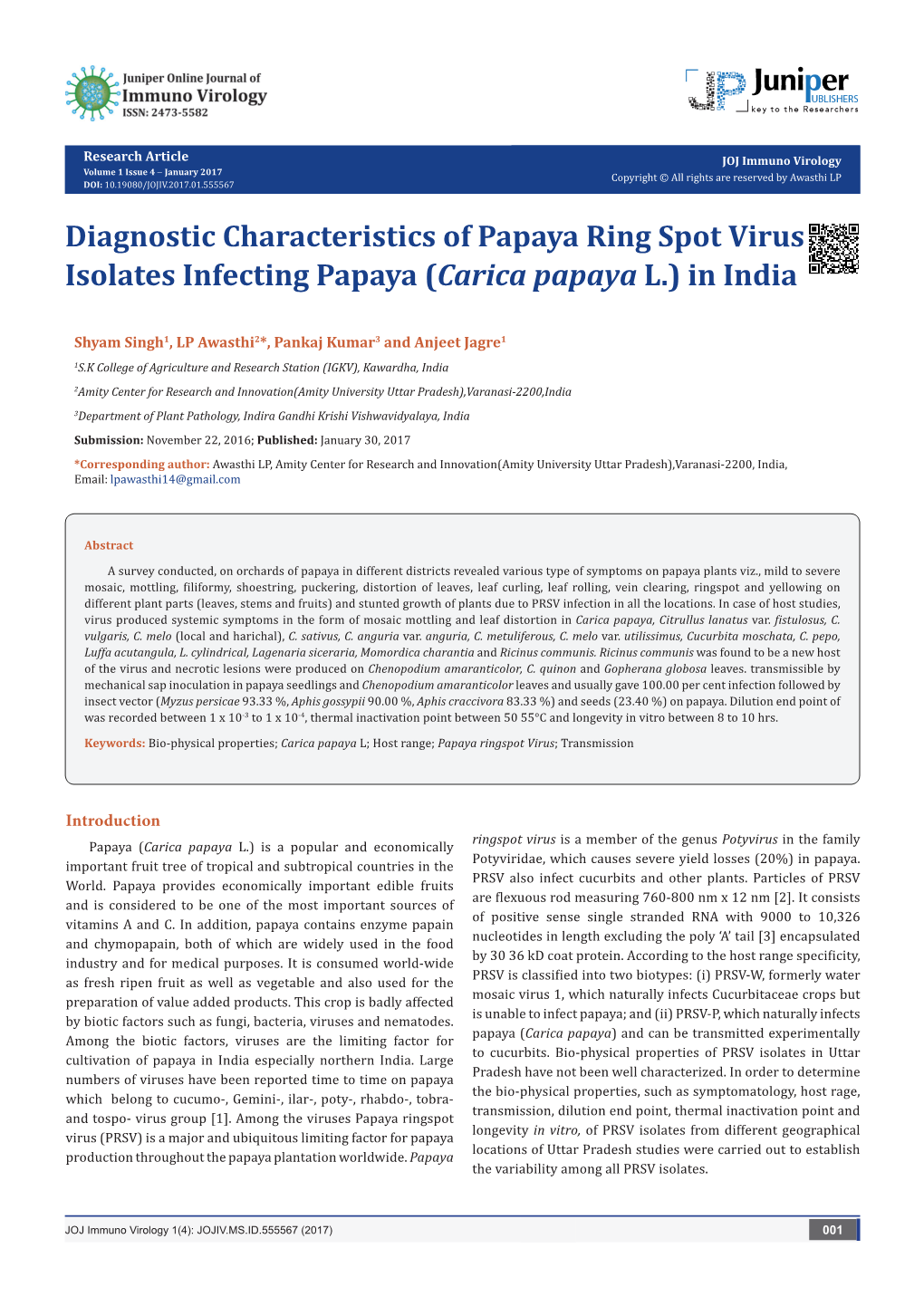 Diagnostic Characteristics of Papaya Ringspot Virus Isolate Infecting