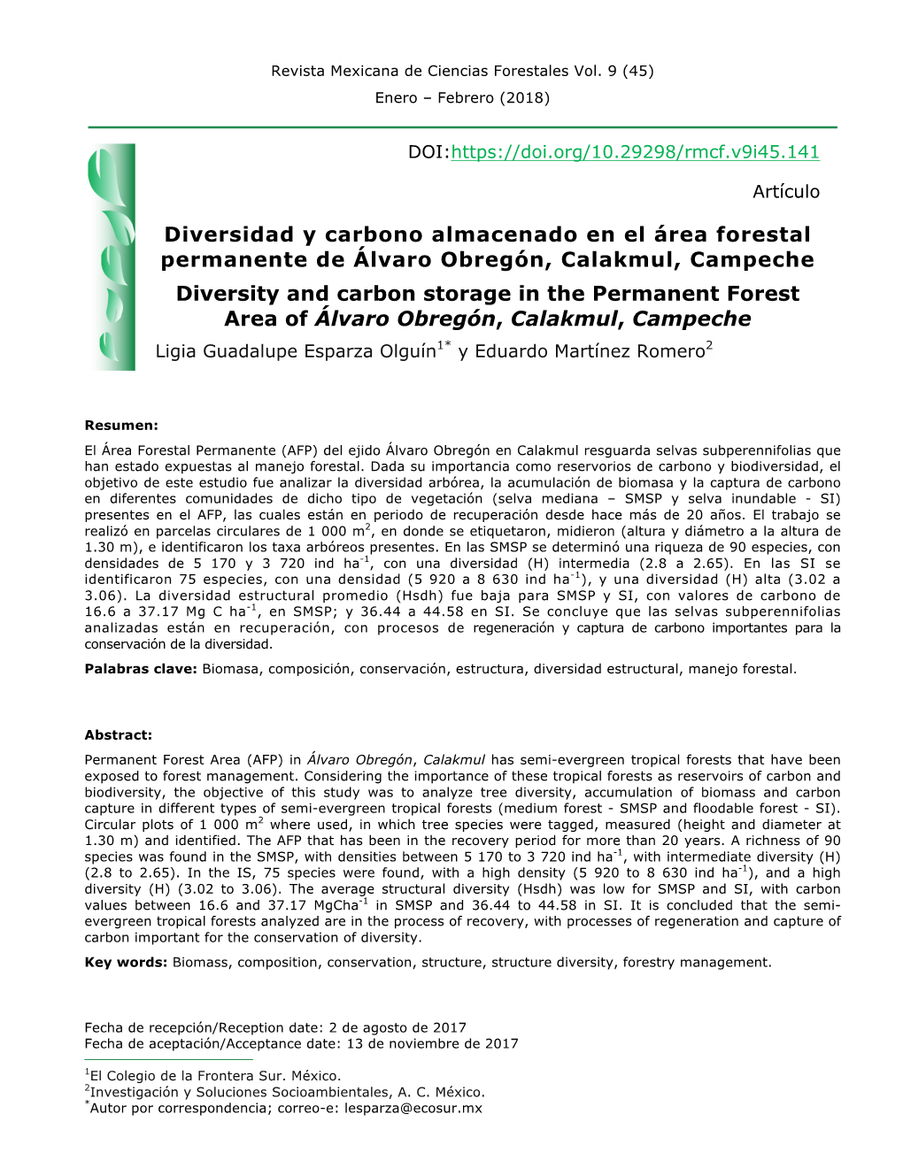 Diversidad Y Carbono Almacenado En El Área Forestal Permanente De