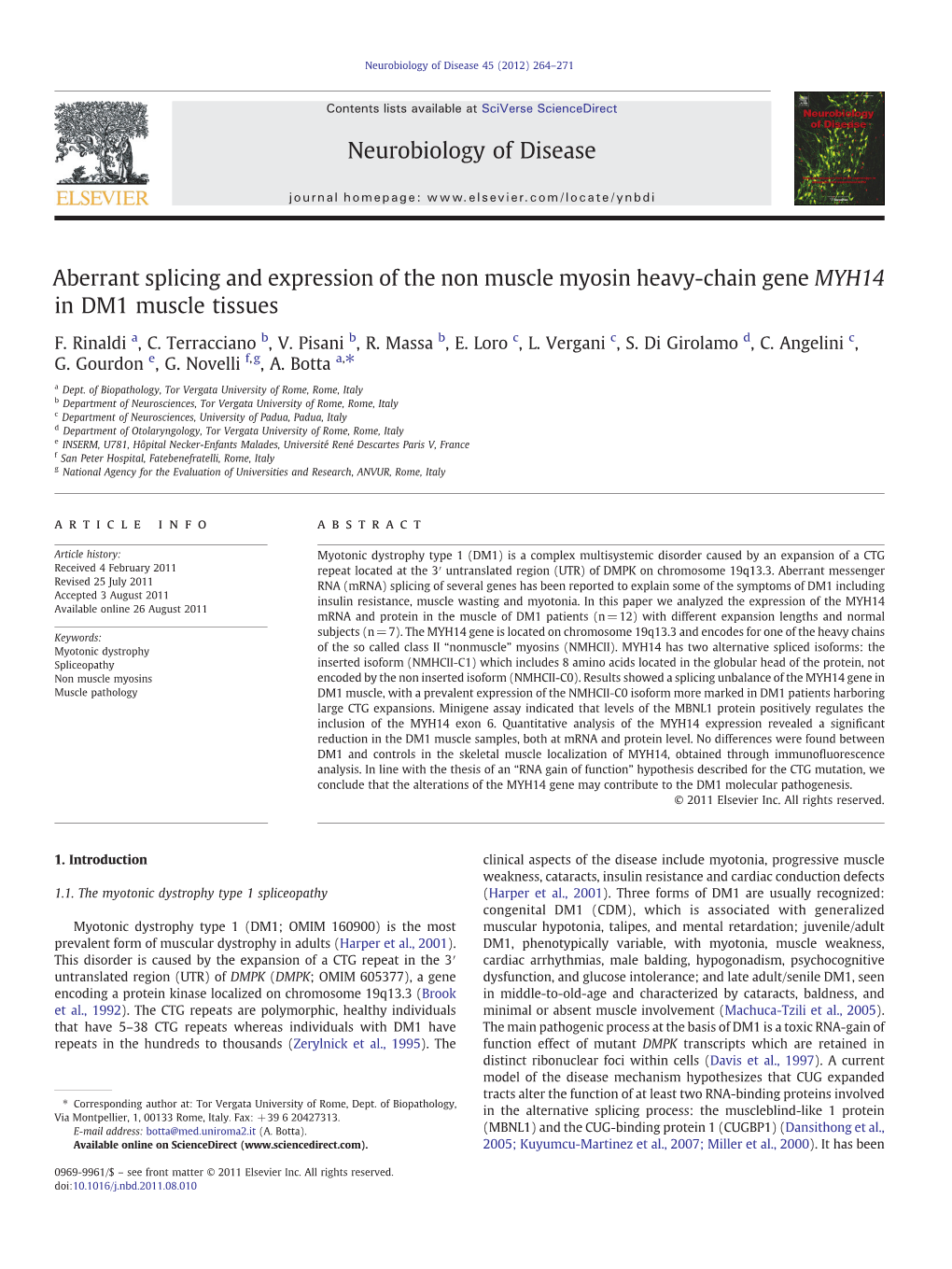 Aberrant Splicing and Expression of the Non Muscle Myosin Heavy-Chain Gene MYH14 in DM1 Muscle Tissues