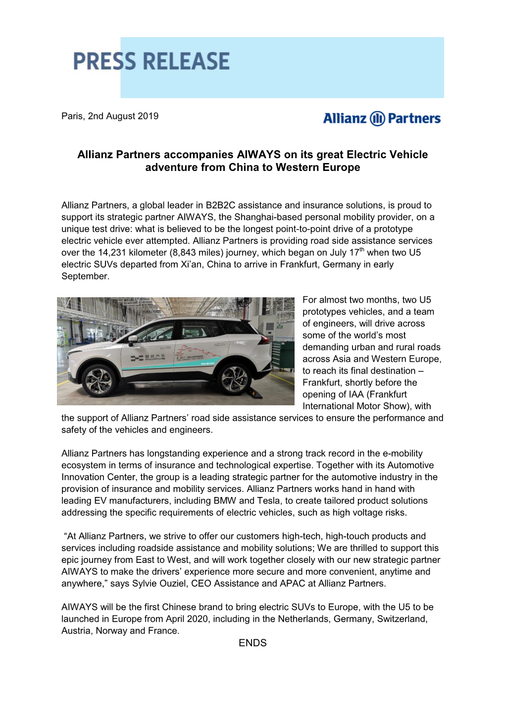 Allianz Partners Accompanies AIWAYS on Its Great Electric Vehicle Adventure from China to Western Europe