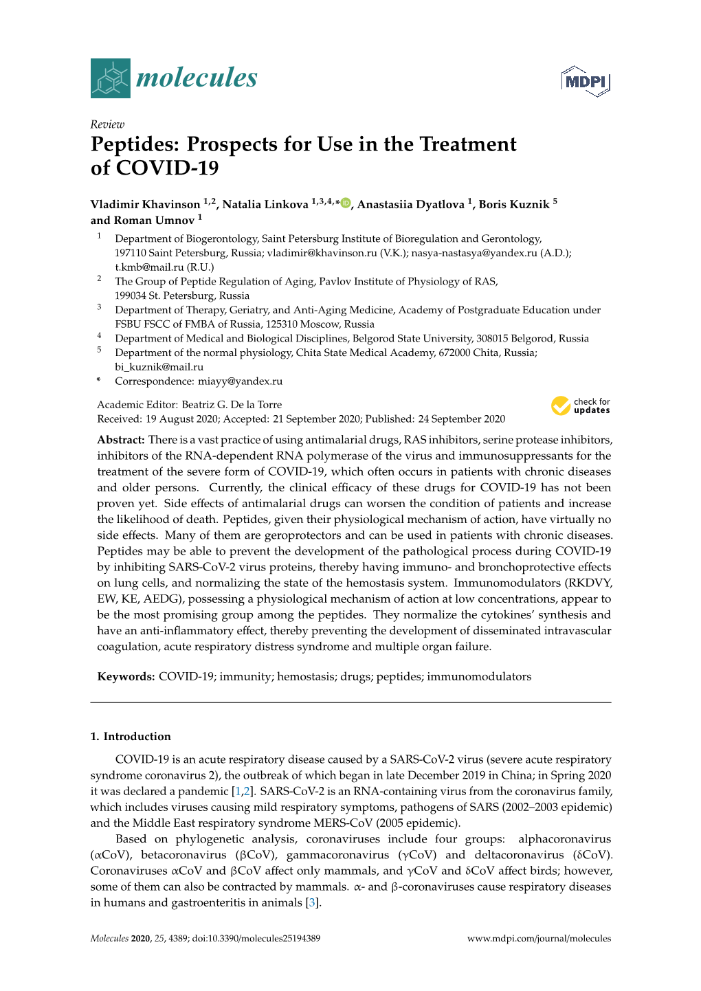 Peptides: Prospects for Use in the Treatment of COVID-19