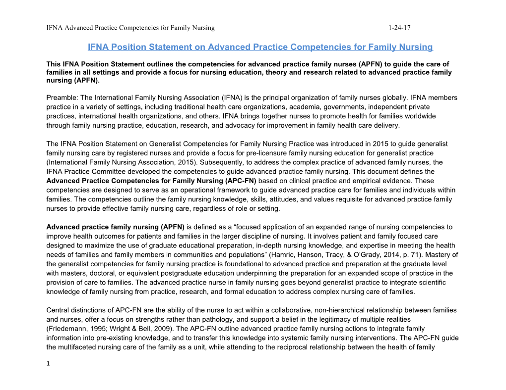 IFNA Position Statement on Advanced Practice Competencies for Family Nursing