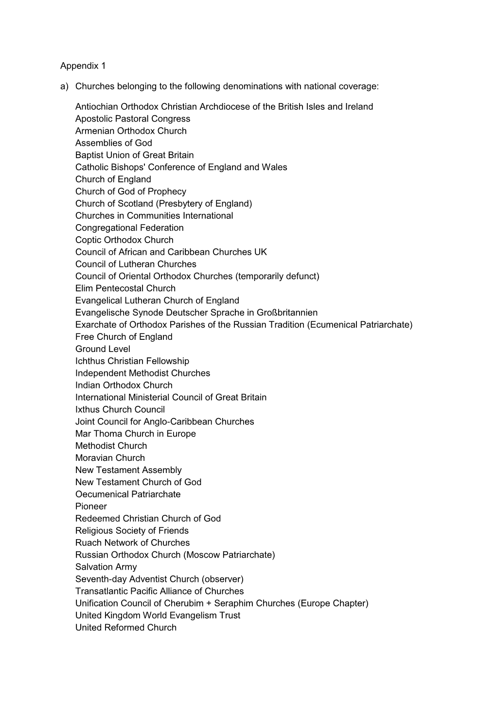 Appendix 1 A) Churches Belonging to the Following Denominations with National Coverage