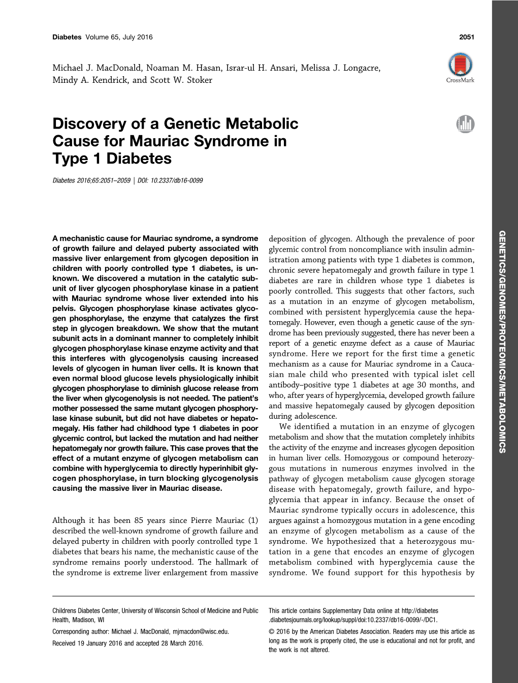 Discovery of a Genetic Metabolic Cause for Mauriac Syndrome in Type 1 Diabetes