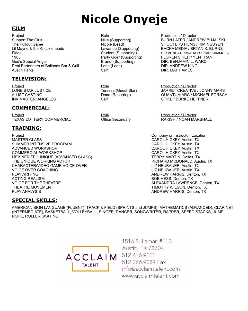 Acting Resume Acclaim