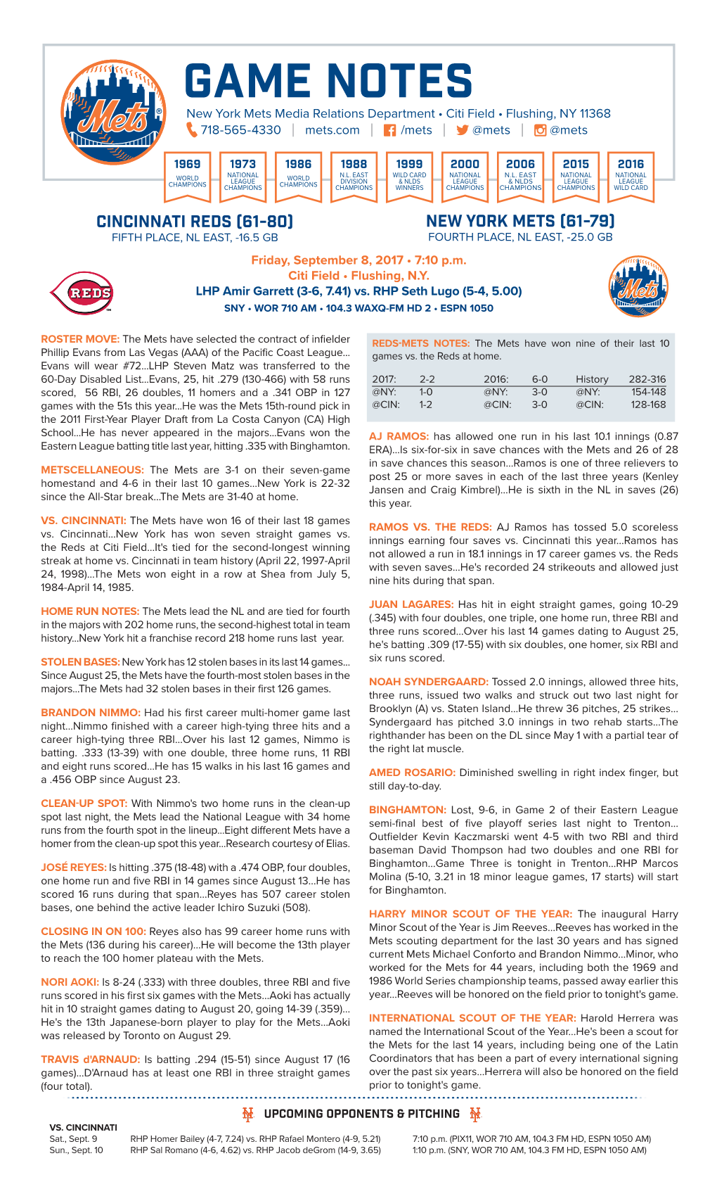 GAME NOTES New York Mets Media Relations Department • Citi Field • Flushing, NY 11368 718-565-4330 | Mets.Com | /Mets | @Mets | @Mets